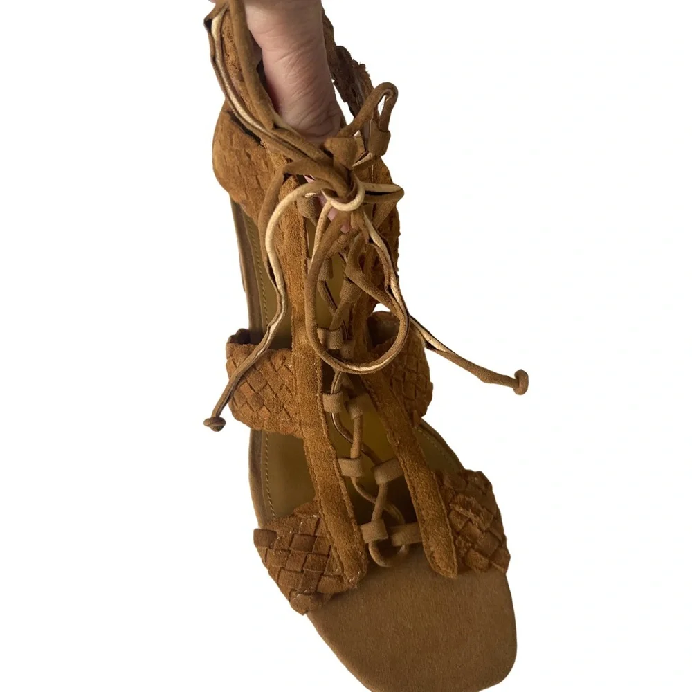 NWT Zara Basic Brown Woven Suede Strap Lace Up Sandals. Size 9 - Picture 9 of 12